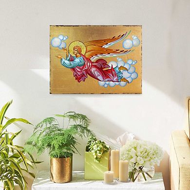 G.Debrekht Flying Angel Wooden Gold Plated Religious Christian Sacred Icon Inspirational Icon Décor