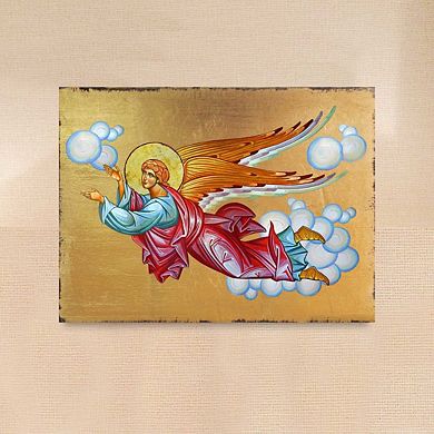 G.Debrekht Flying Angel Wooden Gold Plated Religious Christian Sacred Icon Inspirational Icon Décor