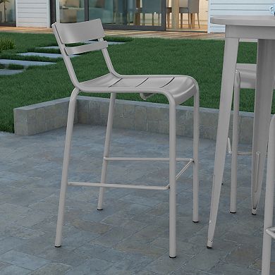 Emma and Oliver Rennes Armless Powder Coated Steel Stool with 2 Slat Back for Indoor-Outdoor Use