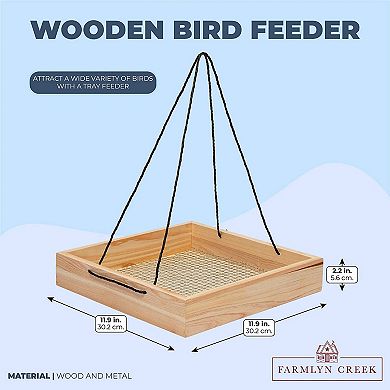 Farmlyn Creek Hanging Wooden Bird Feeder for Patio, Garden, Yard (12 x 12 x 2.2 in)