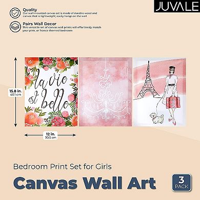 Juvale Paris Canvas Wall Art, Bedroom Print Set for Girls (12 x 15.8 x 0.6 in, 3 Pack)