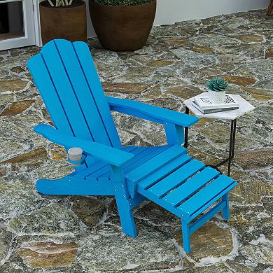 Merrick Lane Ridley HDPE Adirondack Chair with Cup Holder and Pull Out Ottoman, All-Weather HDPE Indoor/Outdoor Lounge Chair