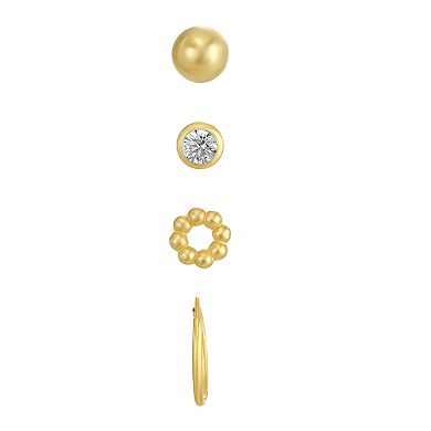 Taylor Grace 10k Gold Ball, Cubic Zirconia Bezel, Beaded Circle & Hoop Earring Set