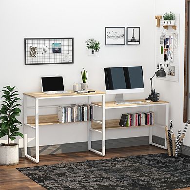 HOMCOM 86 Inch Two Person Desk Double Computer Table Writing Desk with Open Shelves Long Storage Workstation for Home Office White and Natural
