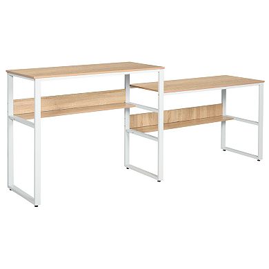 HOMCOM 86 Inch Two Person Desk Double Computer Table Writing Desk with Open Shelves Long Storage Workstation for Home Office White and Natural