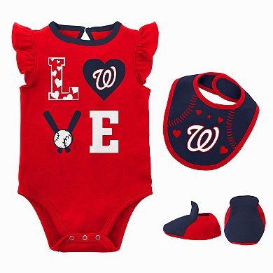 Newborn & Infant Red/Navy Washington Nationals Three-Piece Love of Baseball Bib Bodysuit & Booties Set