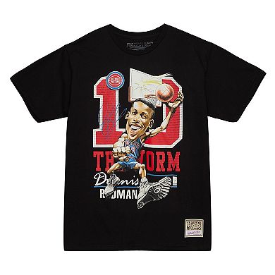 Men's Mitchell & Ness Dennis Rodman Black Detroit Pistons Hardwood Classics Caricature T-Shirt