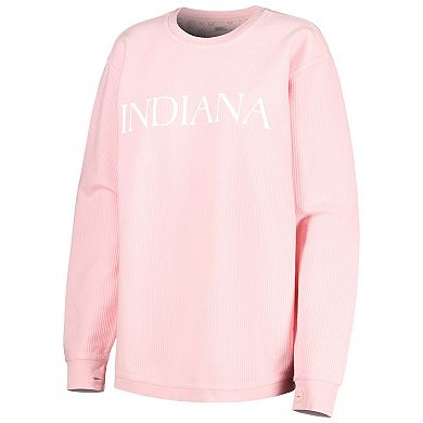 Women's Pressbox Pink Indiana Hoosiers Comfy Cord Bar Print Pullover Sweatshirt