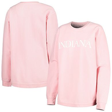 Women's Pressbox Pink Indiana Hoosiers Comfy Cord Bar Print Pullover Sweatshirt