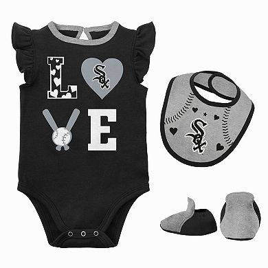 Newborn & Infant Black/Heather Gray Chicago White Sox Three-Piece Love of Baseball Bib Bodysuit & Booties Set