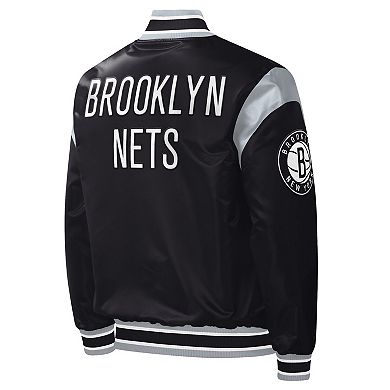 Men's Starter Black Brooklyn Nets Force Play Satin Full-Snap Varsity Jacket