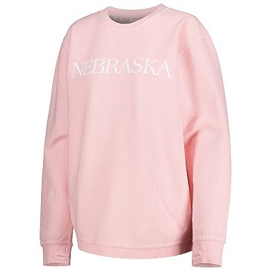Women's Pressbox Pink Nebraska Huskers Comfy Cord Bar Print Pullover Sweatshirt