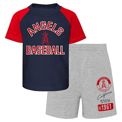 Infant Navy/Heather Gray Los Angeles Angels Ground Out Baller Raglan T-Shirt and Shorts Set