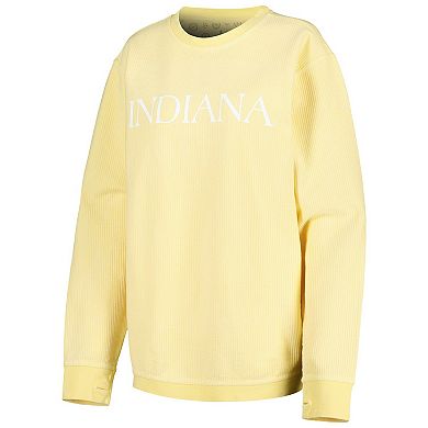 Women's Pressbox Yellow Indiana Hoosiers Comfy Cord Bar Print Pullover Sweatshirt