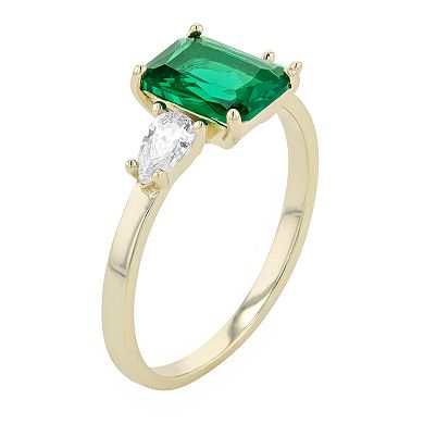 14k Gold Over Silver & Emerald & Cubic Zirconia 3-Stone Engagement Anniversary Ring