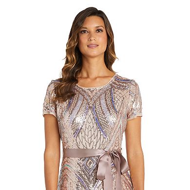 Women's R&M Richards Short Sleeve Sequin Gown with Sash