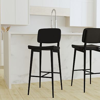 Merrick Lane Regency Faux Leather Barstools Contemporary Metal Frame Stools with Integrated Footrest - Set of 2