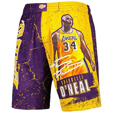 Men's Mitchell & Ness Shaquille O'Neal Purple Los Angeles Lakers Hardwood Classics Player Burst Shorts