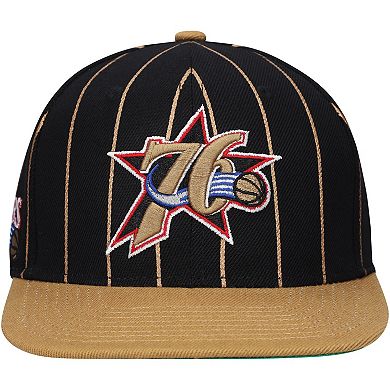 Men's Mitchell & Ness Black/Gold Philadelphia 76ers Hardwood Classics Pinstripe Snapback Hat