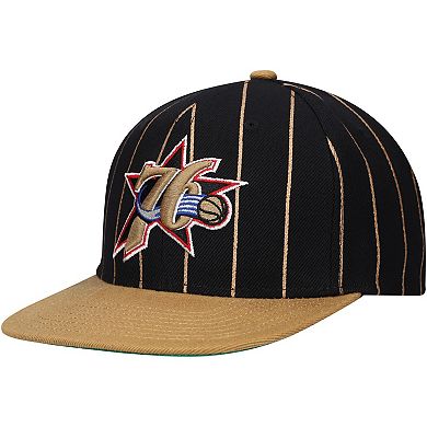 Men's Mitchell & Ness Black/Gold Philadelphia 76ers Hardwood Classics Pinstripe Snapback Hat