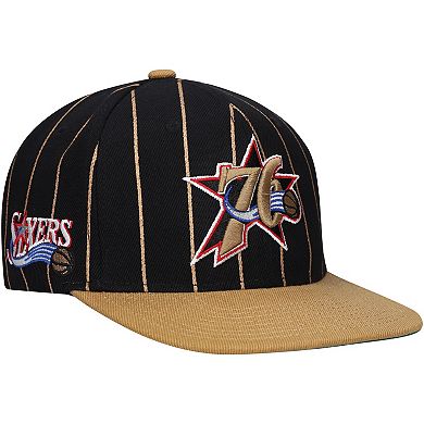 Men's Mitchell & Ness Black/Gold Philadelphia 76ers Hardwood Classics Pinstripe Snapback Hat