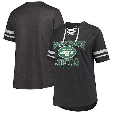 Women's Fanatics Branded Heather Charcoal New York Jets Plus Size Lace-Up V-Neck T-Shirt
