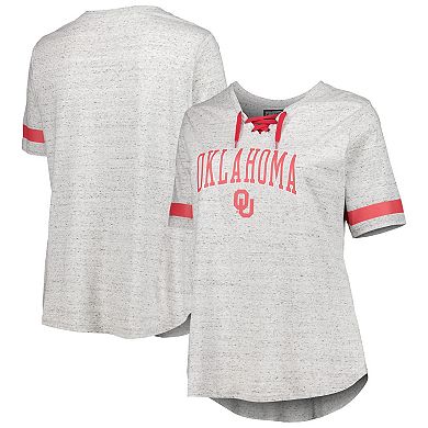 Women's Heather Gray Oklahoma Sooners Plus Size Lace-Up T-Shirt