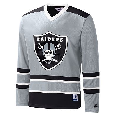 Men's Starter Silver Las Vegas Raiders Cross-Check V-Neck Long Sleeve T-Shirt