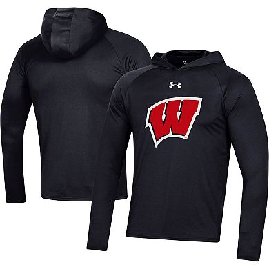 Men's Under Armour Black Wisconsin Badgers School Logo Raglan Long Sleeve Hoodie Performance T-Shirt