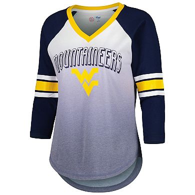 Women's G-III 4Her by Carl Banks White/Navy West Virginia Mountaineers Lead Off Ombre Raglan 3/4-Sleeve V-Neck T-Shirt