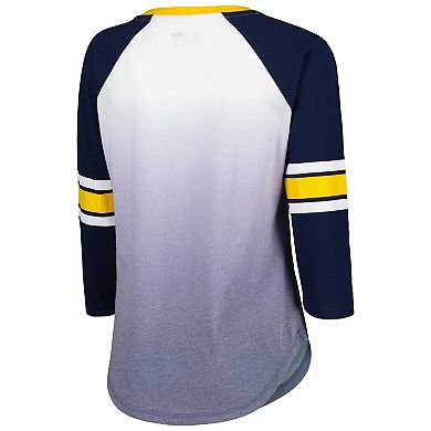 Women's G-III 4Her by Carl Banks White/Navy West Virginia Mountaineers Lead Off Ombre Raglan 3/4-Sleeve V-Neck T-Shirt