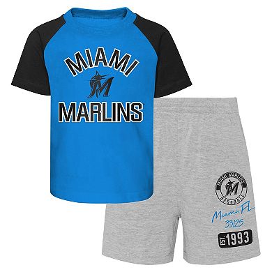 Infant Blue/Heather Gray Miami Marlins Ground Out Baller Raglan T-Shirt and Shorts Set