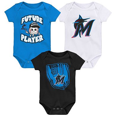 Newborn & Infant Blue/Black/White Miami Marlins Minor League Player Three-Pack Bodysuit Set
