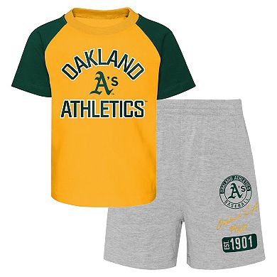 Infant Gold/Heather Gray Oakland Athletics Ground Out Baller Raglan T-Shirt and Shorts Set