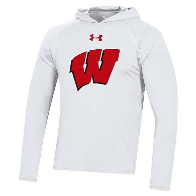 Men's Under Armour White Wisconsin Badgers School Logo Raglan Long Sleeve Hoodie Performance T-Shirt