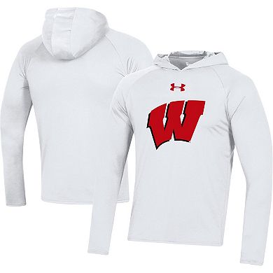 Men's Under Armour White Wisconsin Badgers School Logo Raglan Long Sleeve Hoodie Performance T-Shirt
