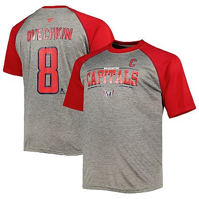 Men's Fanatics Branded Alexander Ovechkin Heather Gray/Red Washington Capitals Big & Tall Captain Patch Contrast Raglan Name & Number T-Shirt