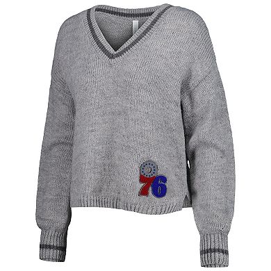Women's Lusso Gray Philadelphia 76ers Scarletts Lantern Sleeve Tri-Blend V-Neck Pullover Sweater