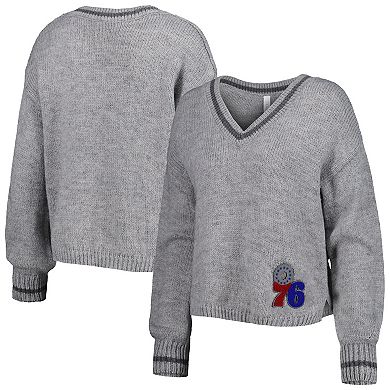 Women's Lusso Gray Philadelphia 76ers Scarletts Lantern Sleeve Tri-Blend V-Neck Pullover Sweater