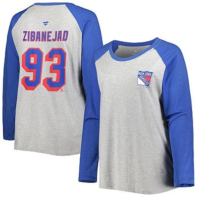 Women's Fanatics Branded Mika Zibanejad Heather Gray/Heather Blue New York Rangers Plus Size Name & Number Raglan Long Sleeve T-Shirt
