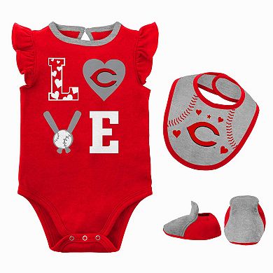 Newborn & Infant Red/Heather Gray Cincinnati Reds Three-Piece Love of Baseball Bib Bodysuit & Booties Set