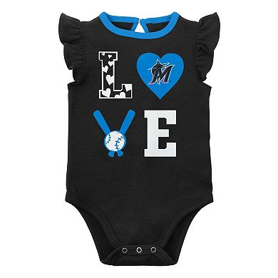 Newborn & Infant Black/Blue Miami Marlins Three-Piece Love of Baseball Bib Bodysuit & Booties Set
