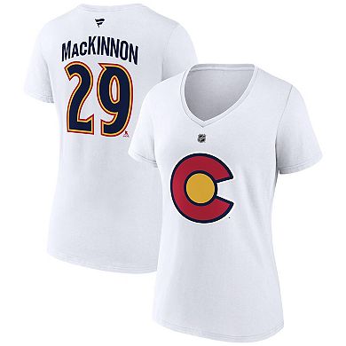 Women's Fanatics Branded Nathan MacKinnon White Colorado Avalanche Special Edition 2.0 Name & Number V-Neck T-Shirt