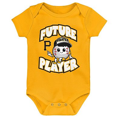 Newborn & Infant Gold/Black/White Pittsburgh Pirates Minor League Player Three-Pack Bodysuit Set