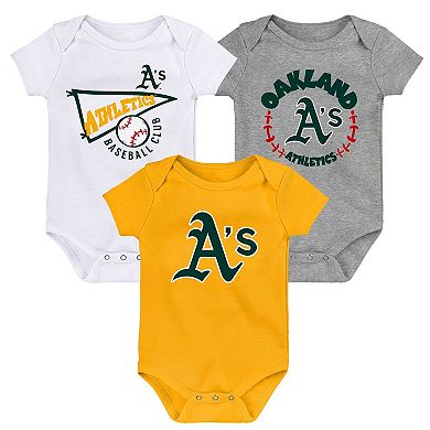 Infant Gold/White/Heather Gray Oakland Athletics Biggest Little Fan 3-Pack Bodysuit Set