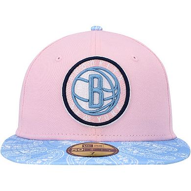 Men's New Era Pink/Light Blue Brooklyn Nets Paisley Visor 59FIFTY Fitted Hat