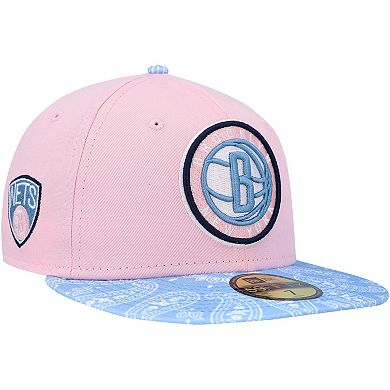 Men's New Era Pink/Light Blue Brooklyn Nets Paisley Visor 59FIFTY Fitted Hat