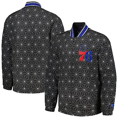 Men's Starter Black Philadelphia 76ers In-Field Play Fashion Satin Full-Zip Varsity Jacket