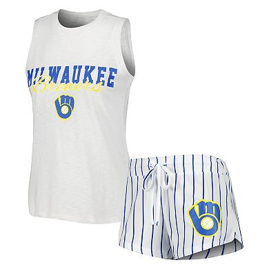 Women's Concepts Sport White Milwaukee Brewers Reel Pinstripe Tank Top & Shorts Sleep Set