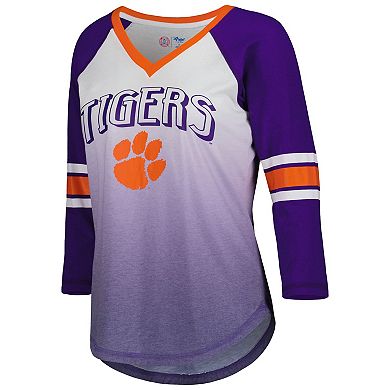 Women's G-III 4Her by Carl Banks White/Purple Clemson Tigers Lead Off Ombre Raglan 3/4-Sleeve V-Neck T-Shirt